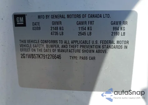 2009 Chevrolet Impala Ls from USA, damaged, VIN 2G1WB57K791276646